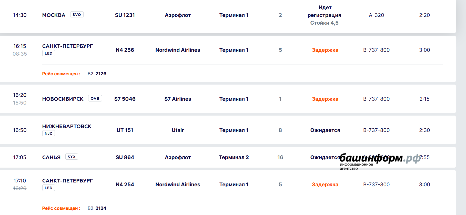 Скриншот Онлайн-табло аэропорта "Уфа"