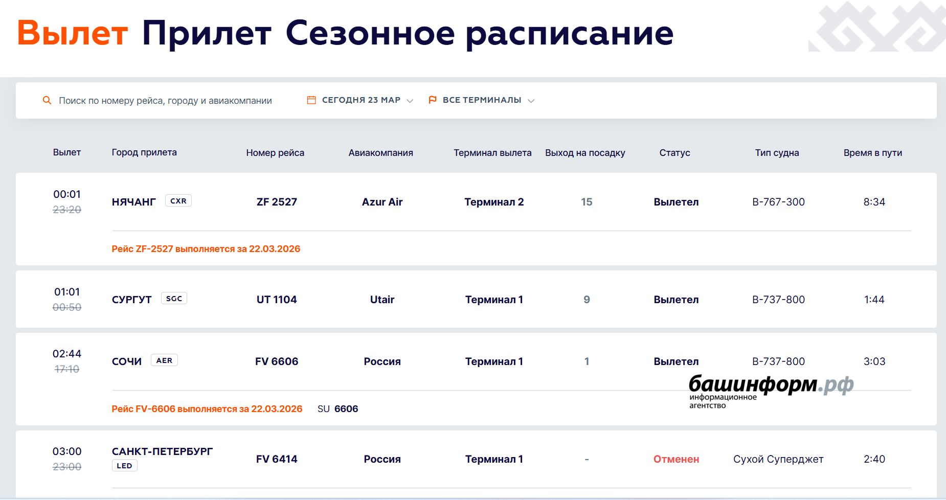 Скриншот Онлайн-табло аэропорта "Уфа"