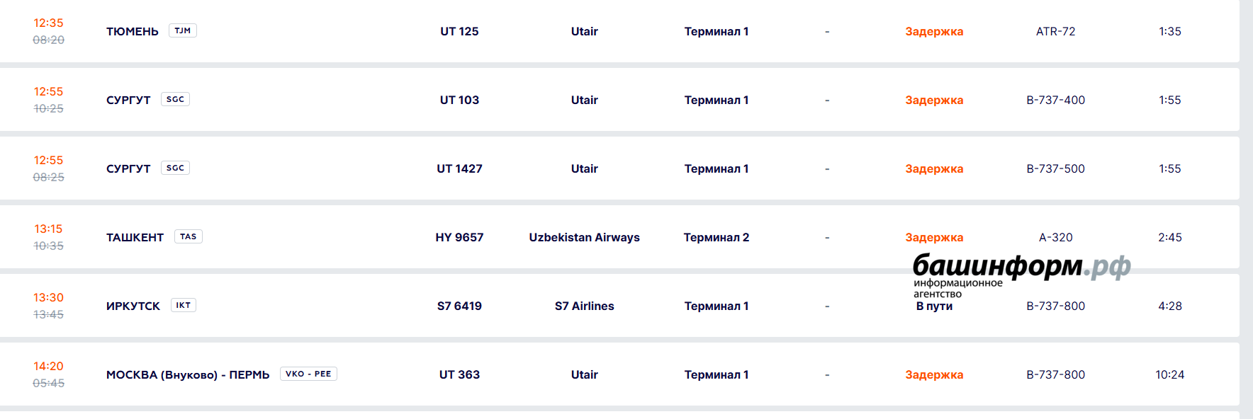 Скриншот Онлайн-табло аэропорта "Уфа"