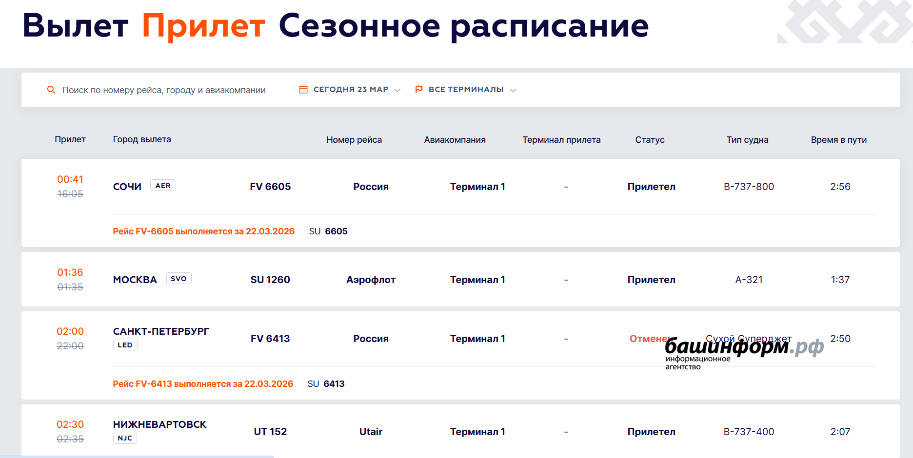 Скриншот Онлайн-табло аэропорта "Уфа"